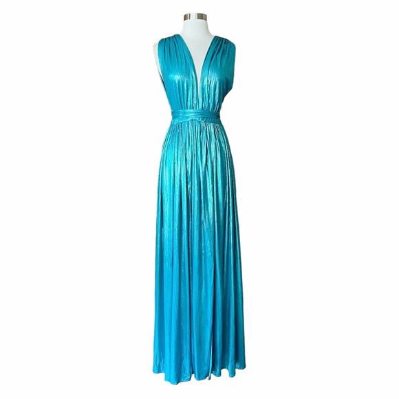 BRONX AND BANCO Romi Metallic Gown Plunge Neckline Dress Teal Turquoise Large 8 - Picture 10 of 13
